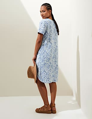 Linen Rich Printed V-Neck Midi Shift Dress