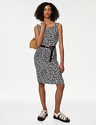 Linen Rich Printed Round Neck Shift Dress