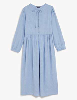 Linen Rich Tie Neck Midi Waisted Dress