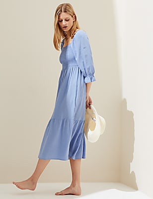 Linen Blend Striped Square Neck Midi Dress