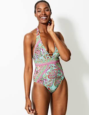 Secret Slimming&trade; Paisley Print Plunge Swimsuit