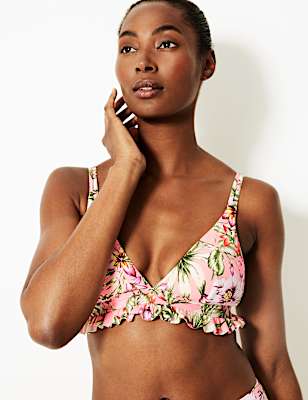 Floral Print Frill Plunge Bikini Top