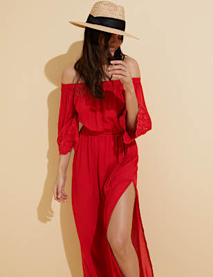 Embroidered Bardot Maxi Waisted Beach Dress