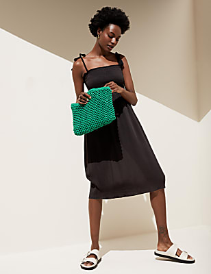 Square Neck Shirred Midi Dress