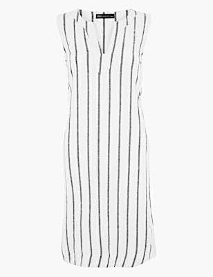 Linen Striped V-Neck Shift Dress
