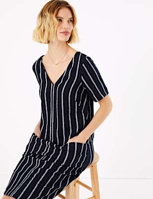 Linen Striped V-Neck Shift Dress