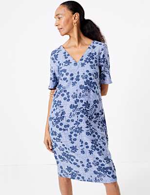 Linen Floral V-Neck Shift Dress