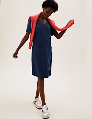 Linen Blend V-Neck Shift Dress