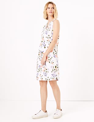 Linen Floral V-Neck Shift Dress