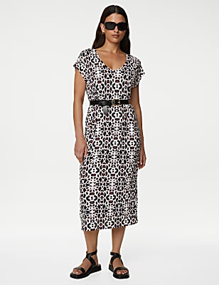 Jersey Printed V-Neck Midi T-Shirt Dress