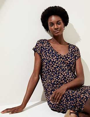 Jersey Printed V-Neck Midi T-Shirt Dress