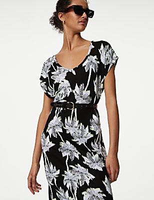 Jersey Printed V-Neck Midi T-Shirt Dress