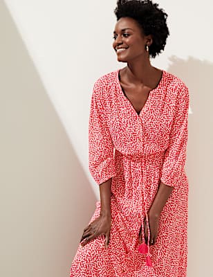 Printed V-Neck Tie Waist Maxi Beach Dress