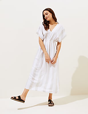 Linen Blend Striped V-Neck Maxi Dress