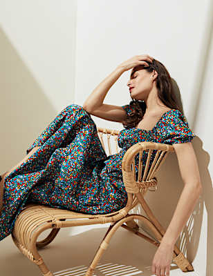 Pure Cotton Floral Midi Waisted Dress