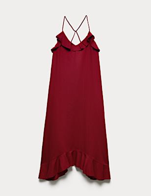 Linen Cotton Blend Ruffle Maxi Dress