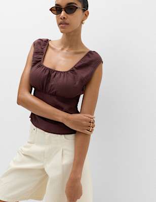 Pure Linen Square Neck Ruched Top