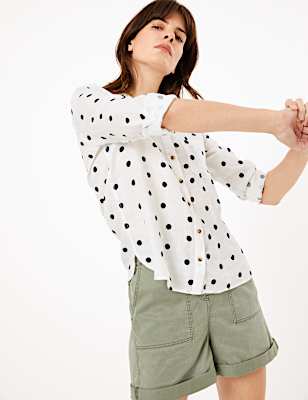 Pure Linen Polka Dot Long Sleeve Shirt