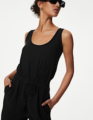 Pure Cotton Drawstring Sleeveless Jumpsuit