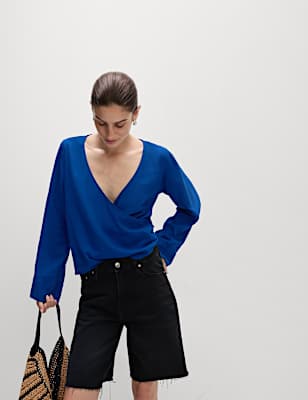 Linen Rich V-Neck Wrap Front Blouse