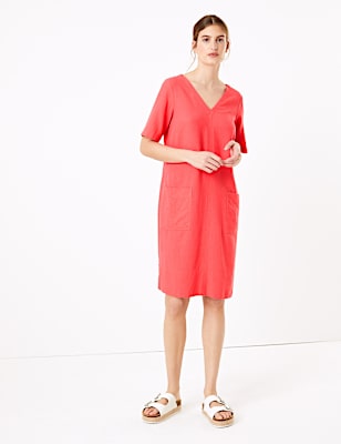 Linen blend V-Neck Shift Dress