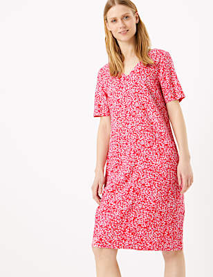 Linen Blend Floral V-Neck Shift Dress
