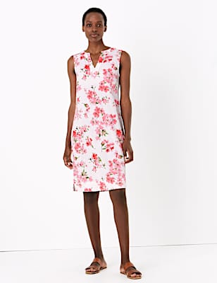 Linen Blend Floral V-Neck Shift Dress