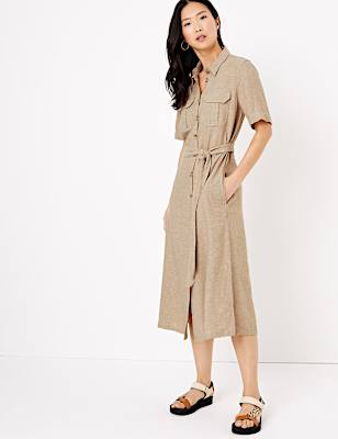Linen Belted Midi Shirt Dress