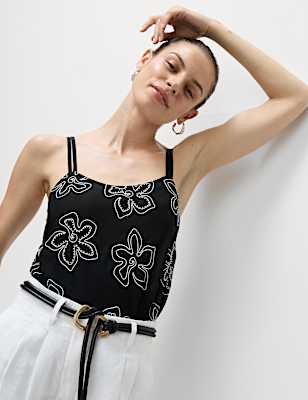 Linen Rich Floral Embellished Cami Top
