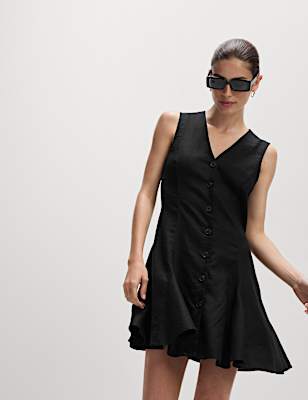 Linen Rich V-Neck Mini Shift Dress