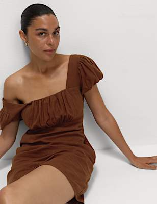 Linen Rich Puff Sleeve Mini Shift Dress