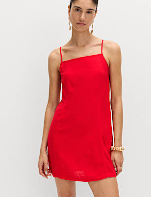 Square Neck Mini Shift Dress with Linen