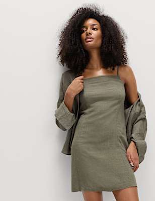 Square Neck Mini Shift Dress with Linen