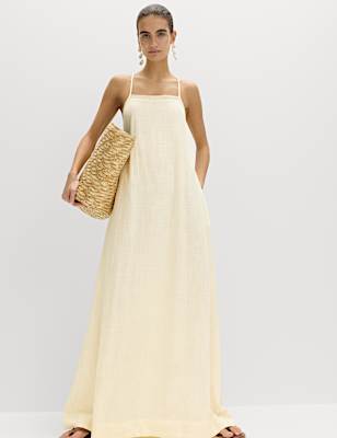 Square Neck Strappy Maxi Shift Dress with Linen