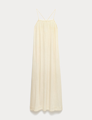 Square Neck Strappy Maxi Shift Dress with Linen