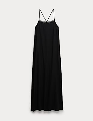Square Neck Strappy Maxi Shift Dress with Linen