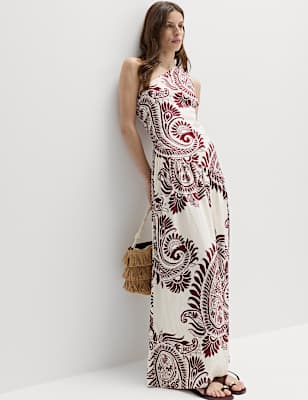 Linen Rich One Shoulder Maxi Shift Dress