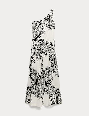 Linen Rich One Shoulder Maxi Shift Dress