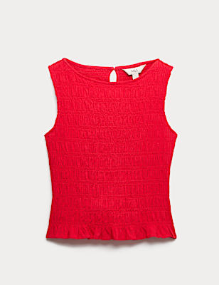 Slash Neck Shirred Top with Linen