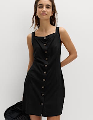 Linen Rich Button Through Mini Shift Dress