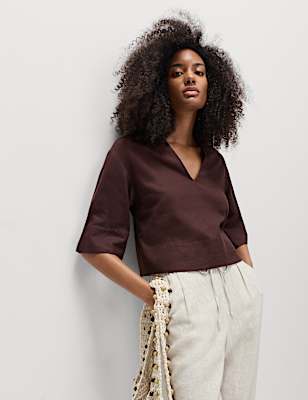 Linen Rich Collared Crop Top
