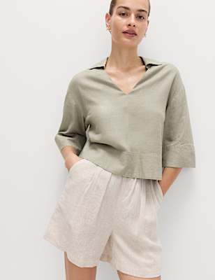 Linen Rich Collared Crop Top