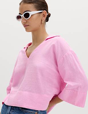 Linen Rich Collared Crop Top