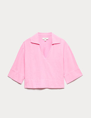 Linen Rich Collared Crop Top