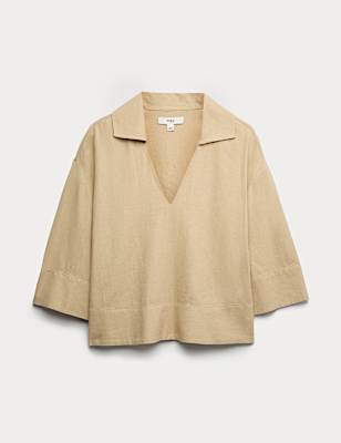 Linen Rich Collared Crop Top