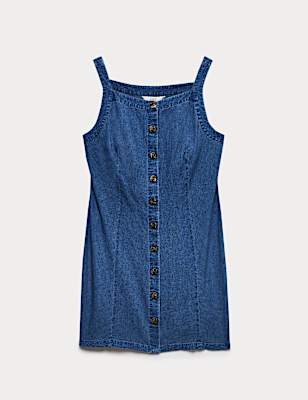 Linen Rich Square Neck Button Through Mini Shift Dress