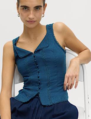 Linen Rich Lace Insert Button Detail Blouse