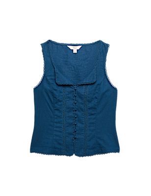 Linen Rich Lace Insert Button Detail Blouse