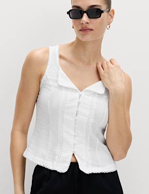 Linen Rich Lace Insert Button Detail Blouse