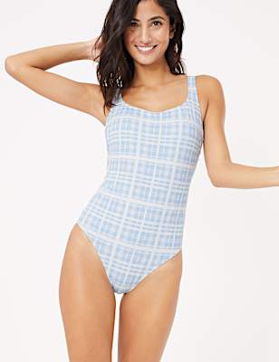 Tummy Control Checked Scoop Neck Swimsuit